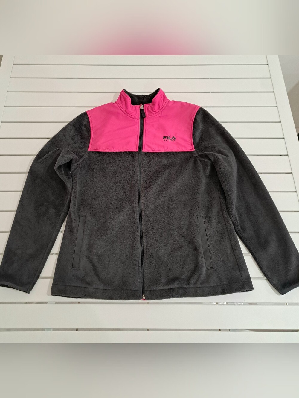 Fila Fleece Jacket Pink & Black Full Zip Long Sleeve Sport - Women's M